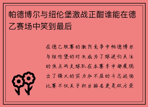 帕德博尔与纽伦堡激战正酣谁能在德乙赛场中笑到最后